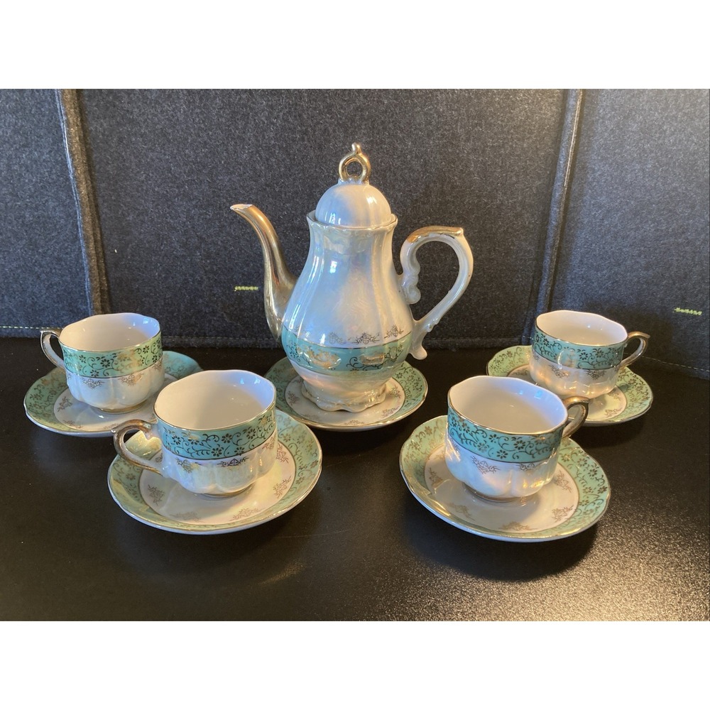 Vtg Japanese Lusterware Coffee Tea Set Turquoise Gold Demitasse Pearl Iridescent